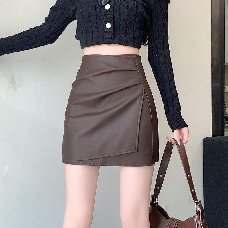 High Rise Plain Ruched Panel Faux Leather Mini A-Line Skirt Product Image