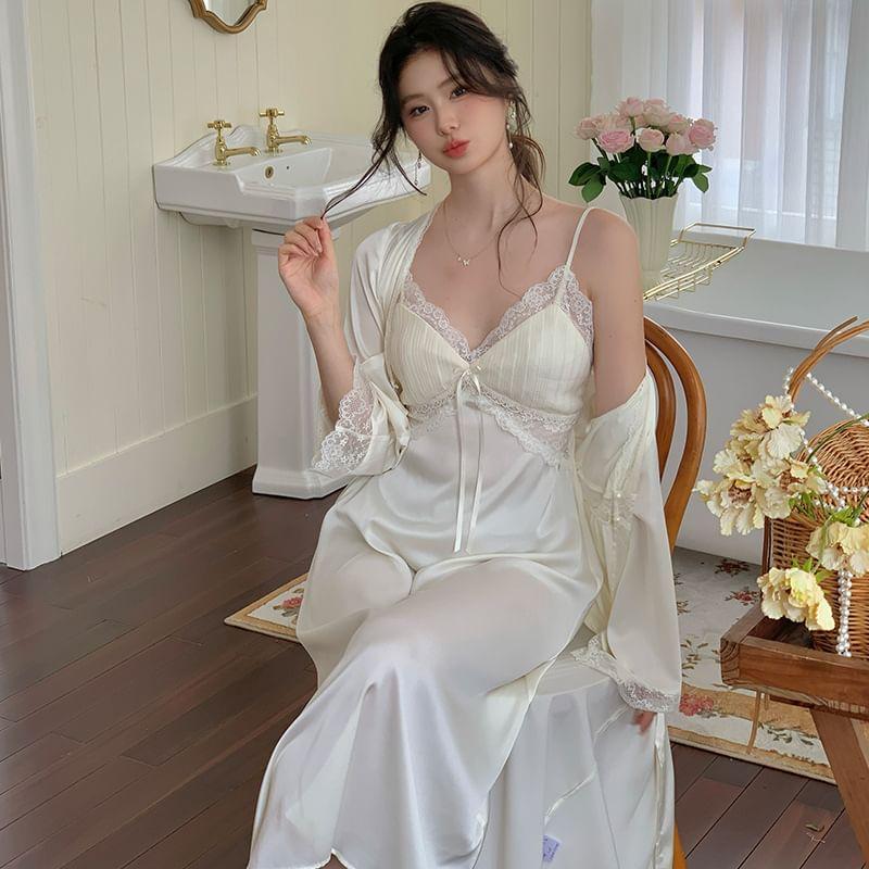 Pajama Set: Plain Lace Trim Robe + Spaghetti Strap Night Dress Product Image