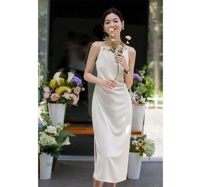 Spaghetti Strap Plain Side-Slit Midi Sheath Dress Product Image