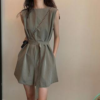 Sleeveless Crew Neck Plain Belted Wide Leg Romper Product Image