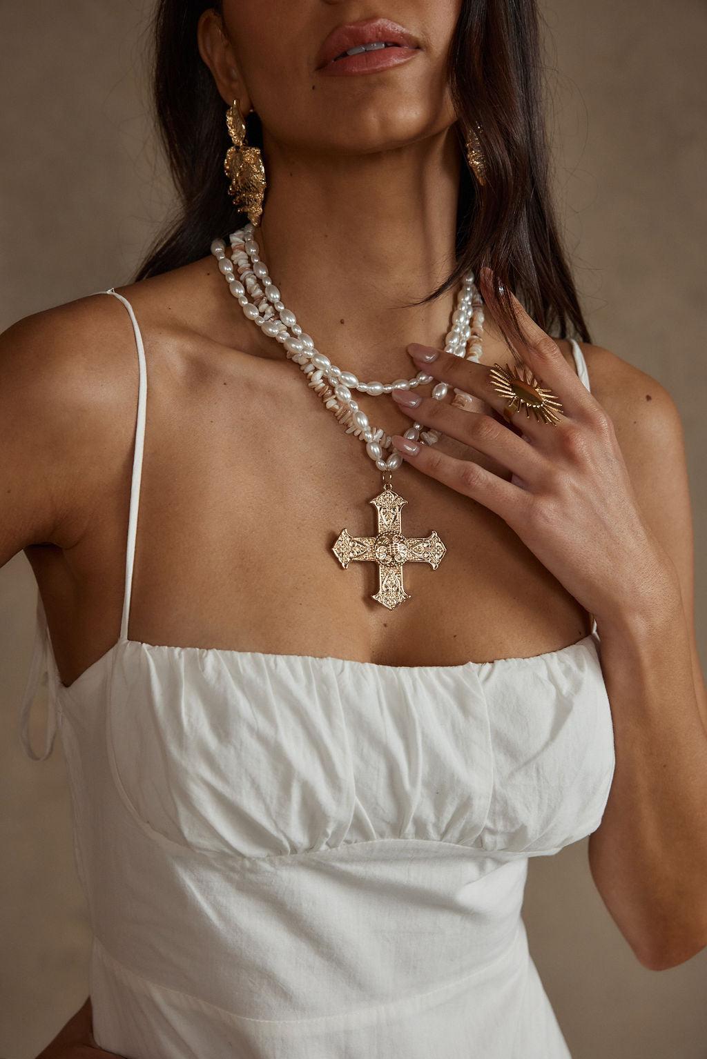 Angelica Gold Pearl Cross Statement Necklace Product Image