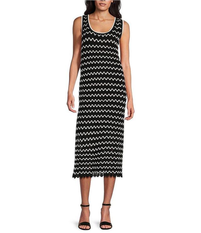 Ming Wang Knit Zig Zag Pattern Scoop Neck Sleeveless Sheath Midi Dress Product Image