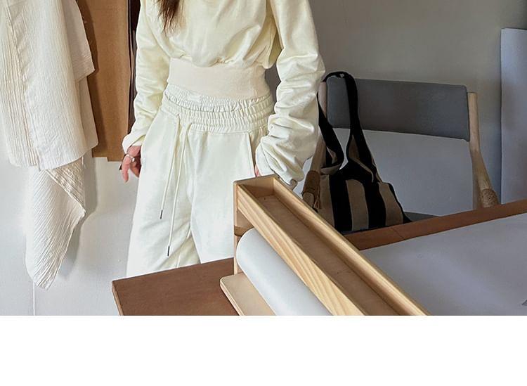 Long-Sleeve V-Neck Plain Wrap Tee / Mock Two-Piece High Rise Sweatpants Product Image