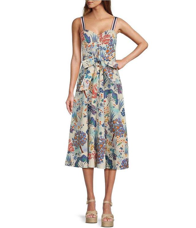 Tara Jarmon Raquelina Poplin Floral Print Sweetheart Neck Sleeveless Belted Midi A-Line Dress Product Image