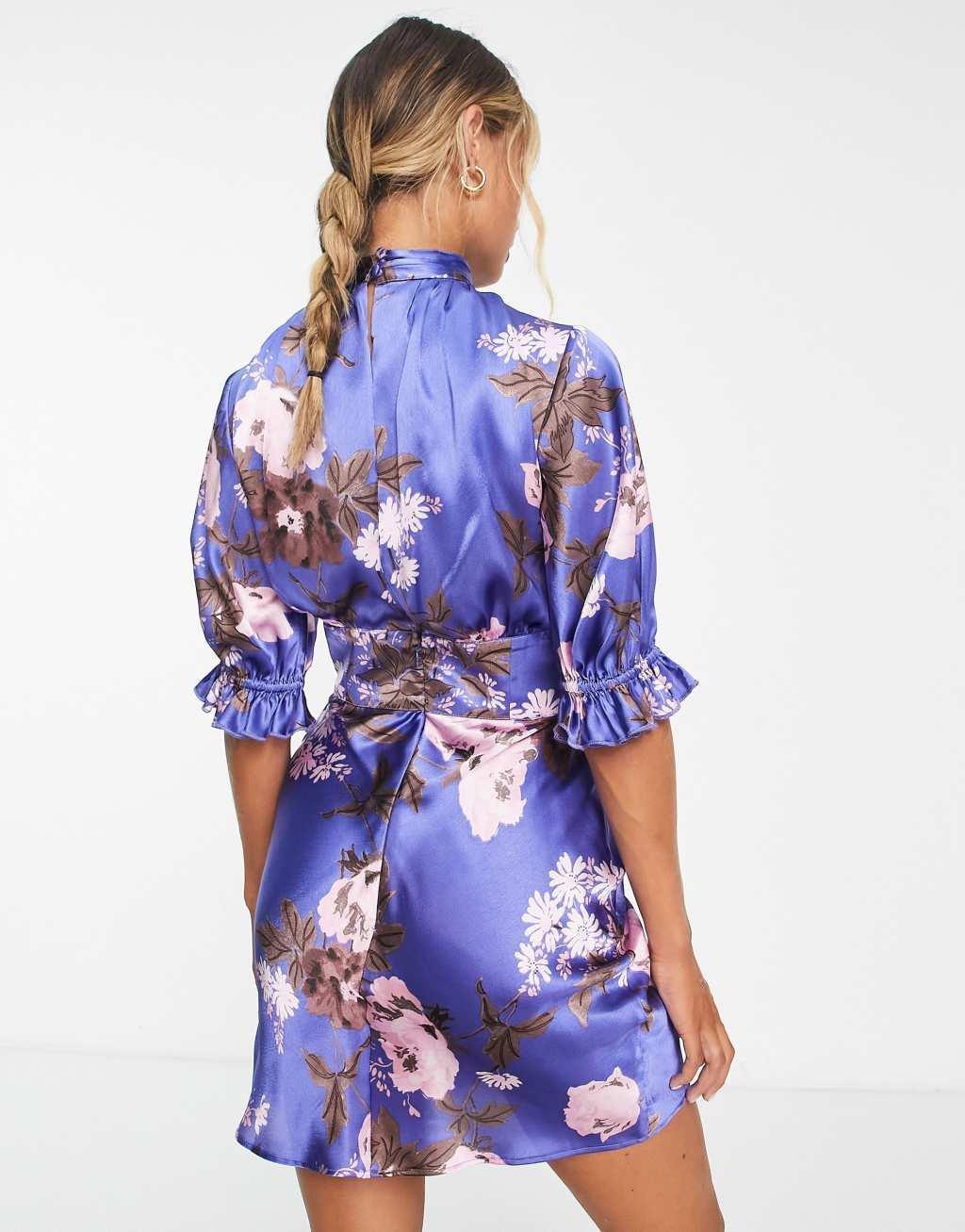 ASOS DESIGN satin mini mixed floral dress with waist detail and frill sleeves Product Image