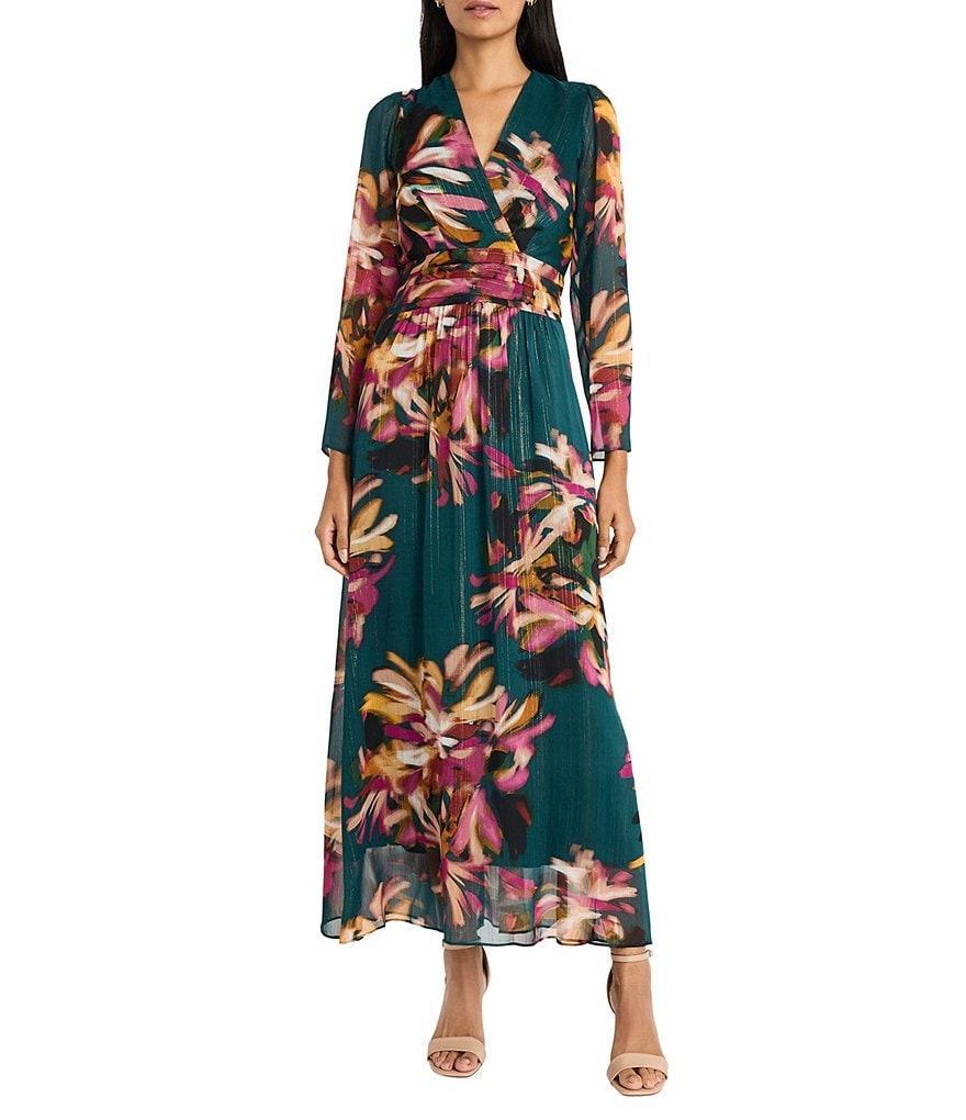 Maggy London Floral Print Yoryu Gold Stripe Surplice V-Neck Long Sleeve Shirred Waist A-Line Dress Product Image