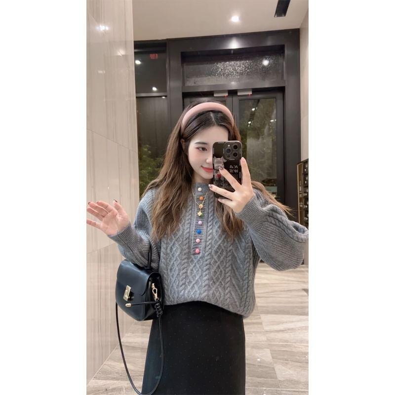 Round Neck Plain Cable Knit Half-Buttoned Sweater Product Image