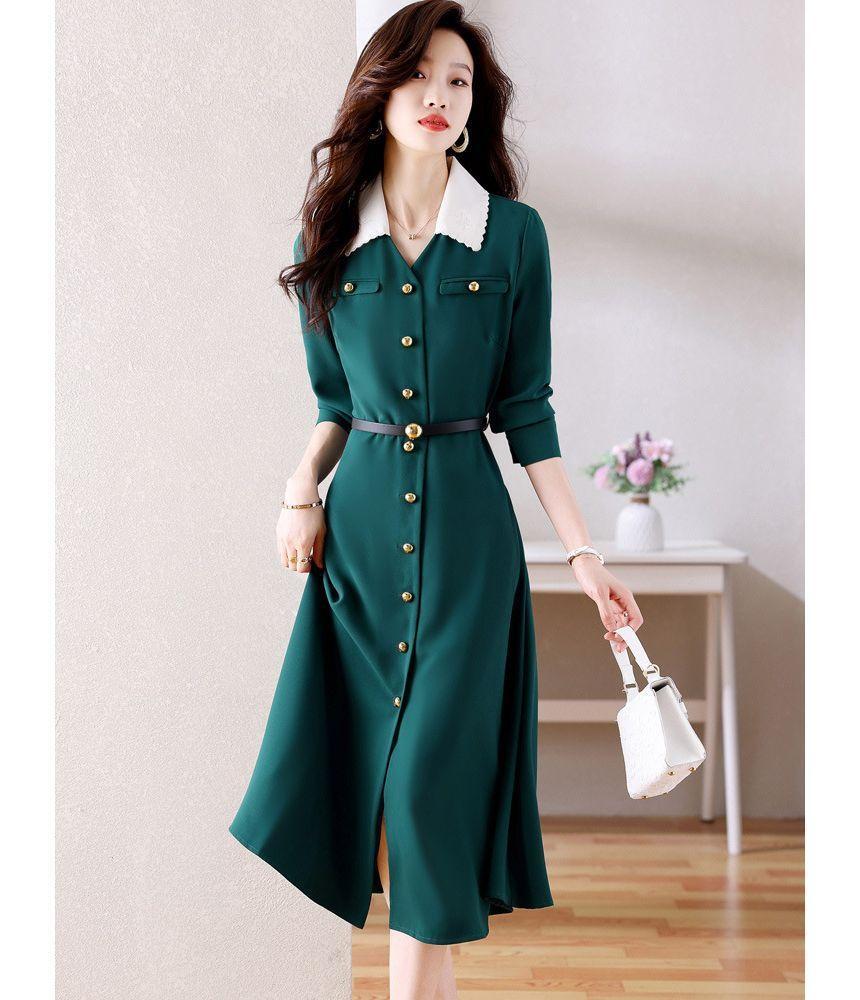 Long-Sleeve Collared Button-Up Midi A-Line Dress Product Image