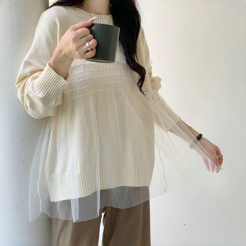 Long-Sleeve Mesh Ruffle Overlay Sweater Product Image