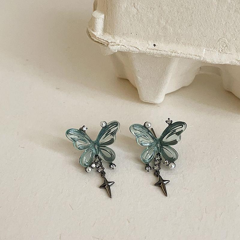 925 Sterling Silver Butterfly Rhinestone Star Drop Earring Product Image