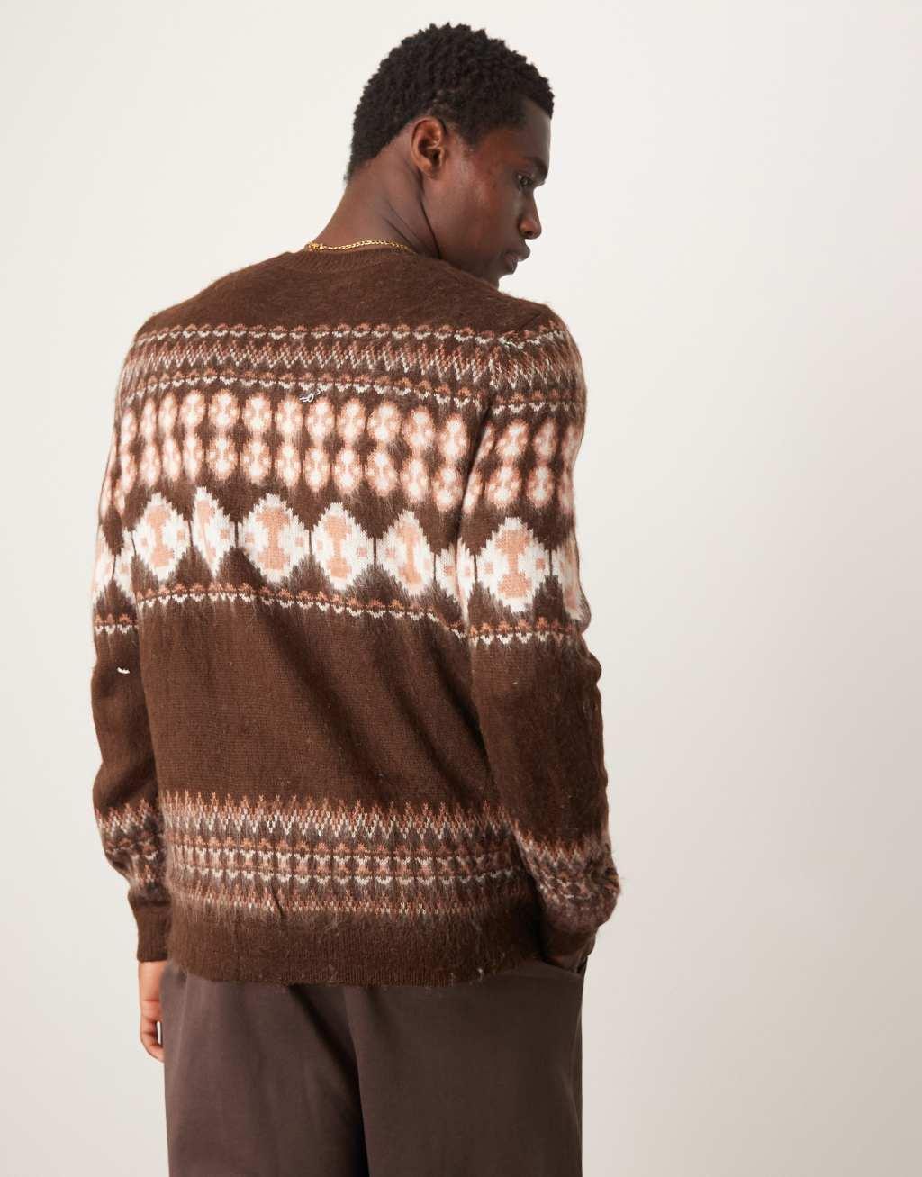 ASOS DESIGN knit crew neck sweater with fairisle pattern in brown Product Image