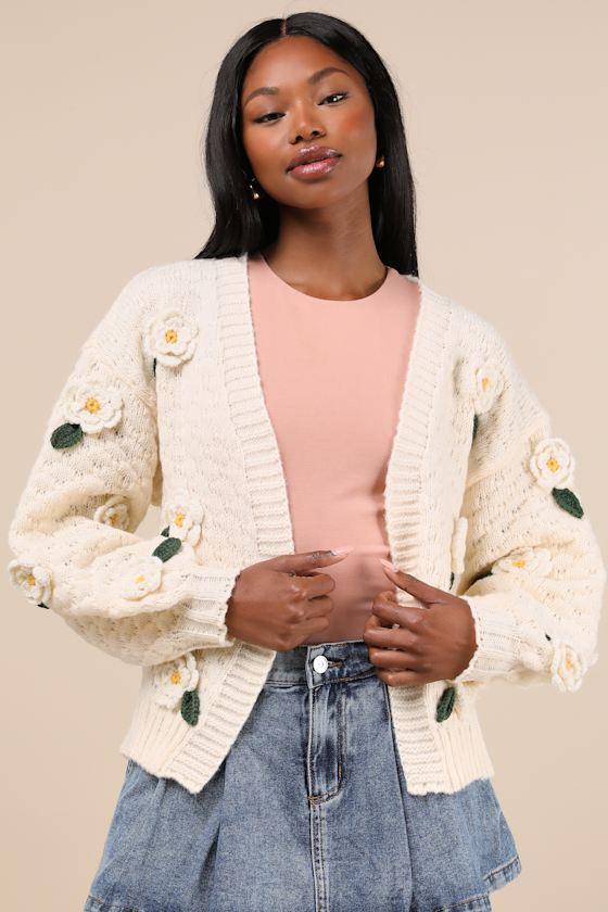 Chosen Charm Cream Knit Embroidered Cardigan Sweater Product Image