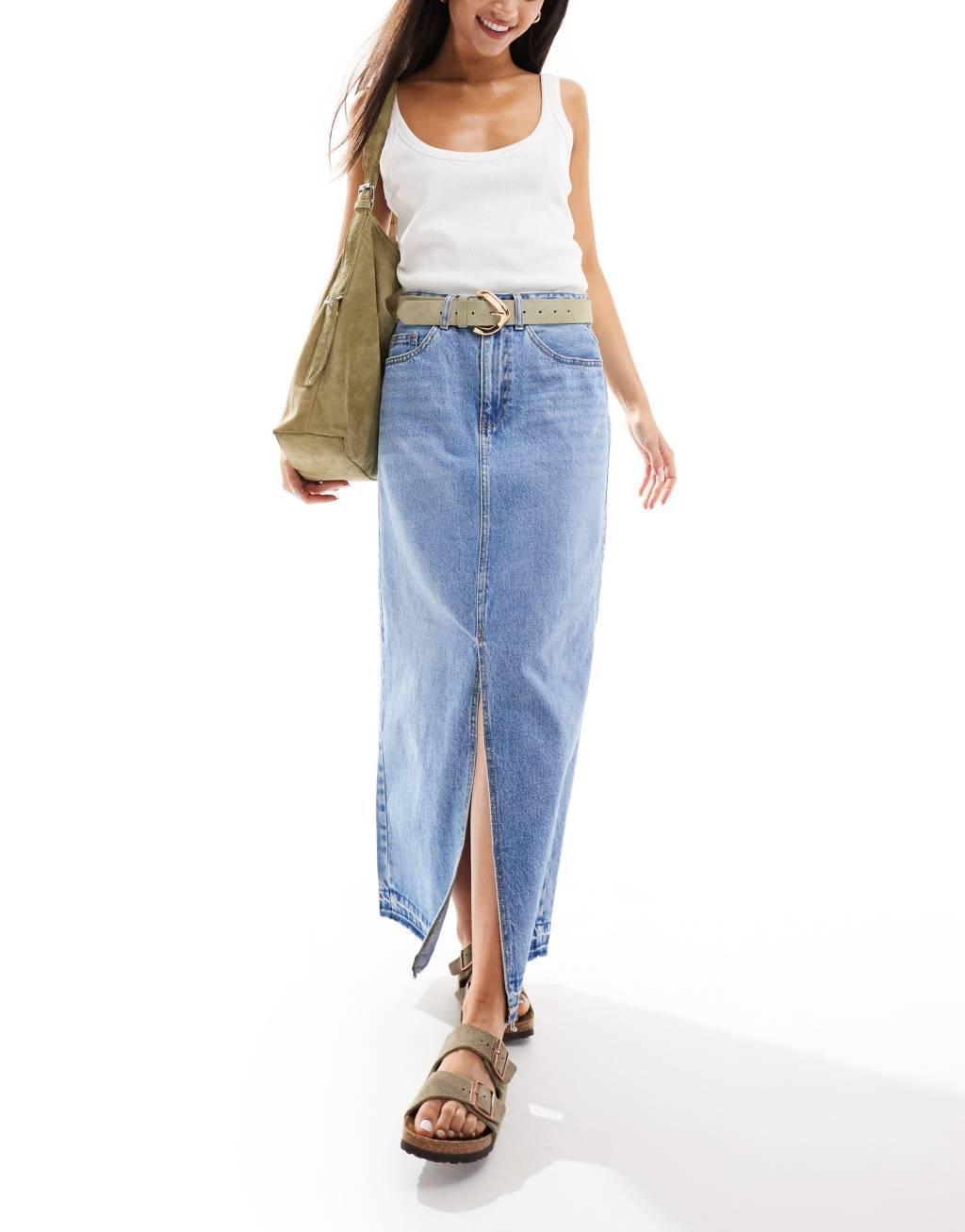 Vero Moda washed midi skirt in medium blue denim Product Image