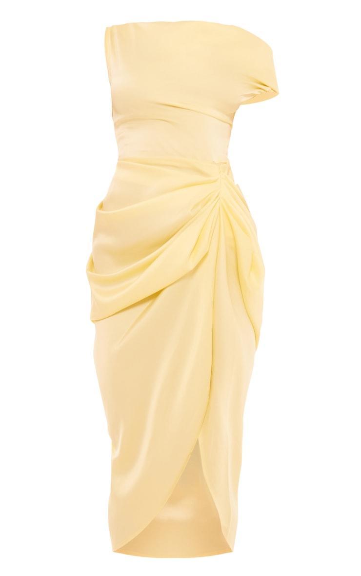 Lemon Satin Off The Shoulder Draped Skirt Midi Dress Product Image