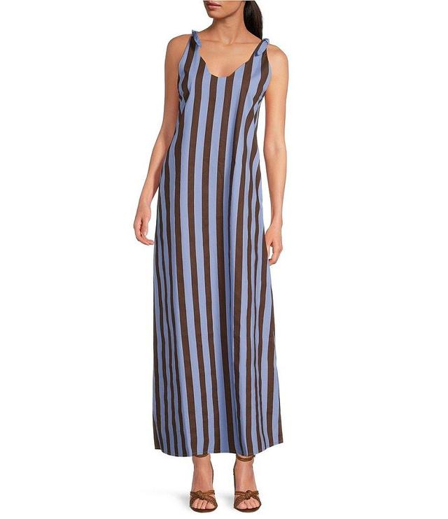 Buru Tie Shoulder Strap Stripe Print Scalloped V-Neck Maxi Dress Product Image