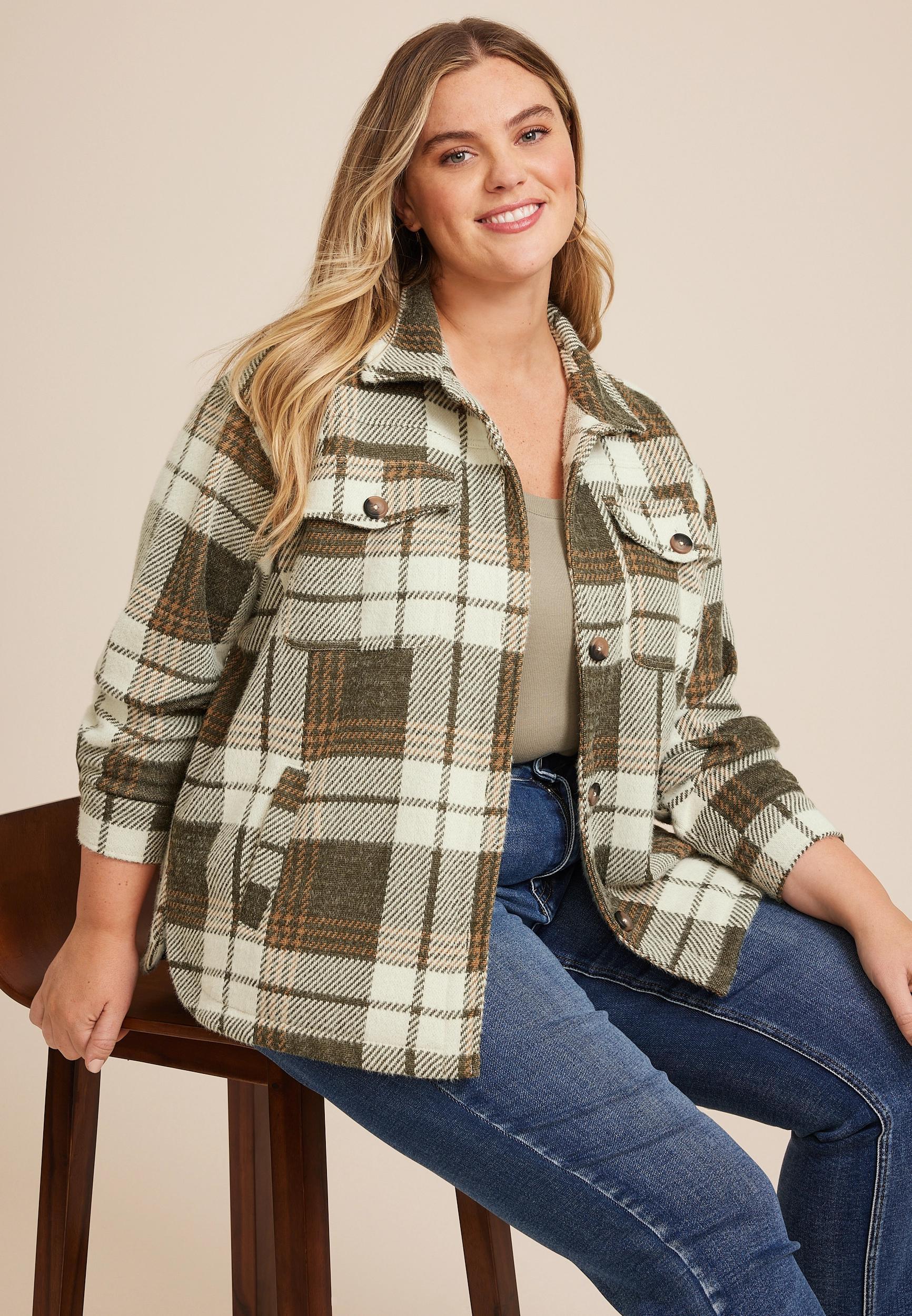 Maurices Plus Size Womens Shoreline Shortsie Plaid Shacket Red Size 2X Product Image