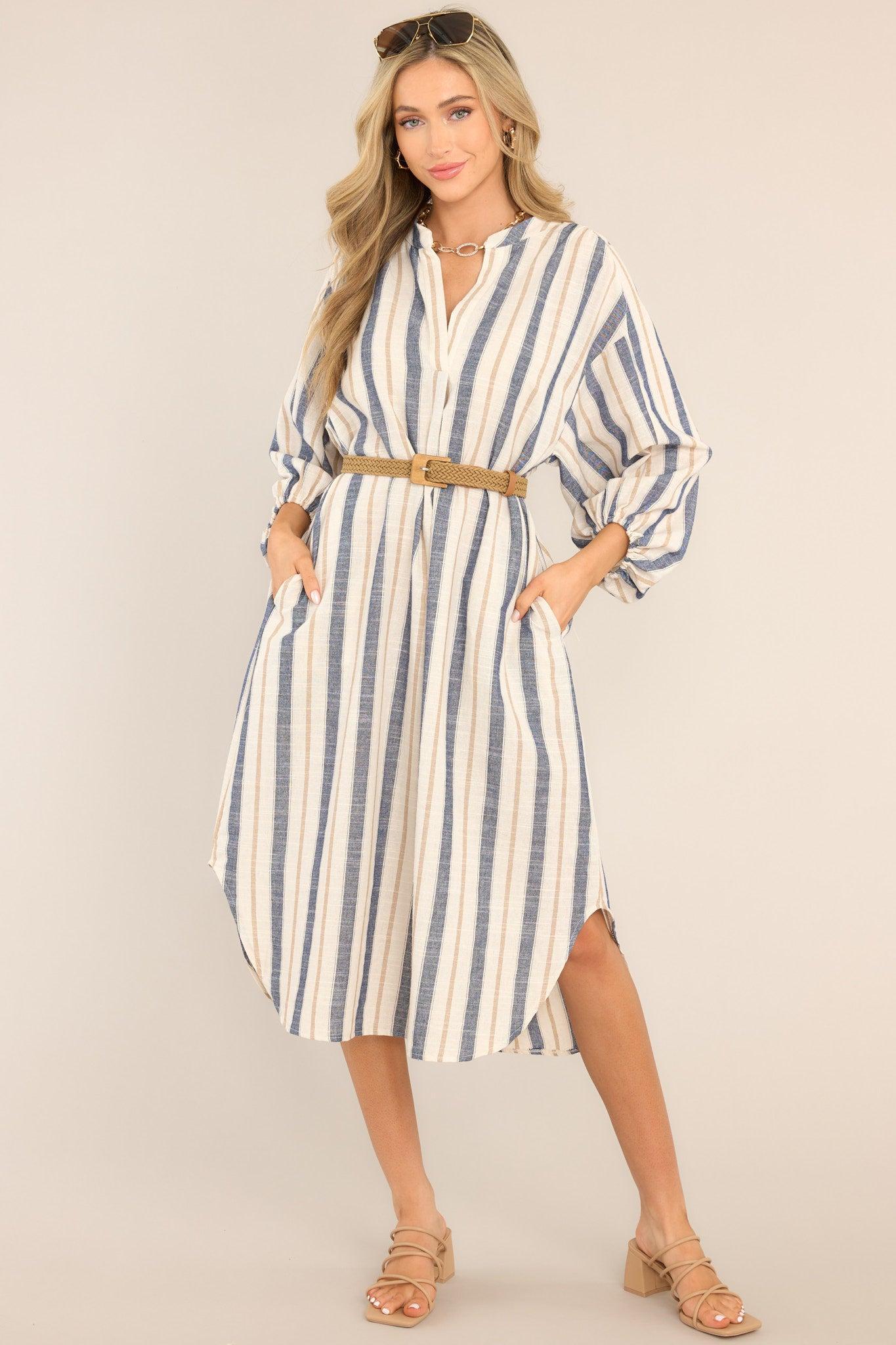 Coastal Charm Dusty Blue Stripe Midi Dress Product Image