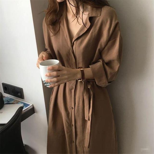 Long-Sleeve Plain Tie-Side Button-Up Midi Shirtdress Product Image