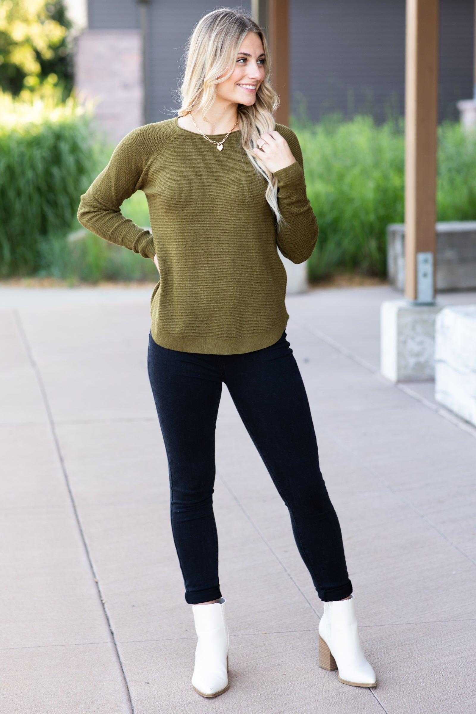 Moss Raglan Sleeve Waffle Knit Top Product Image