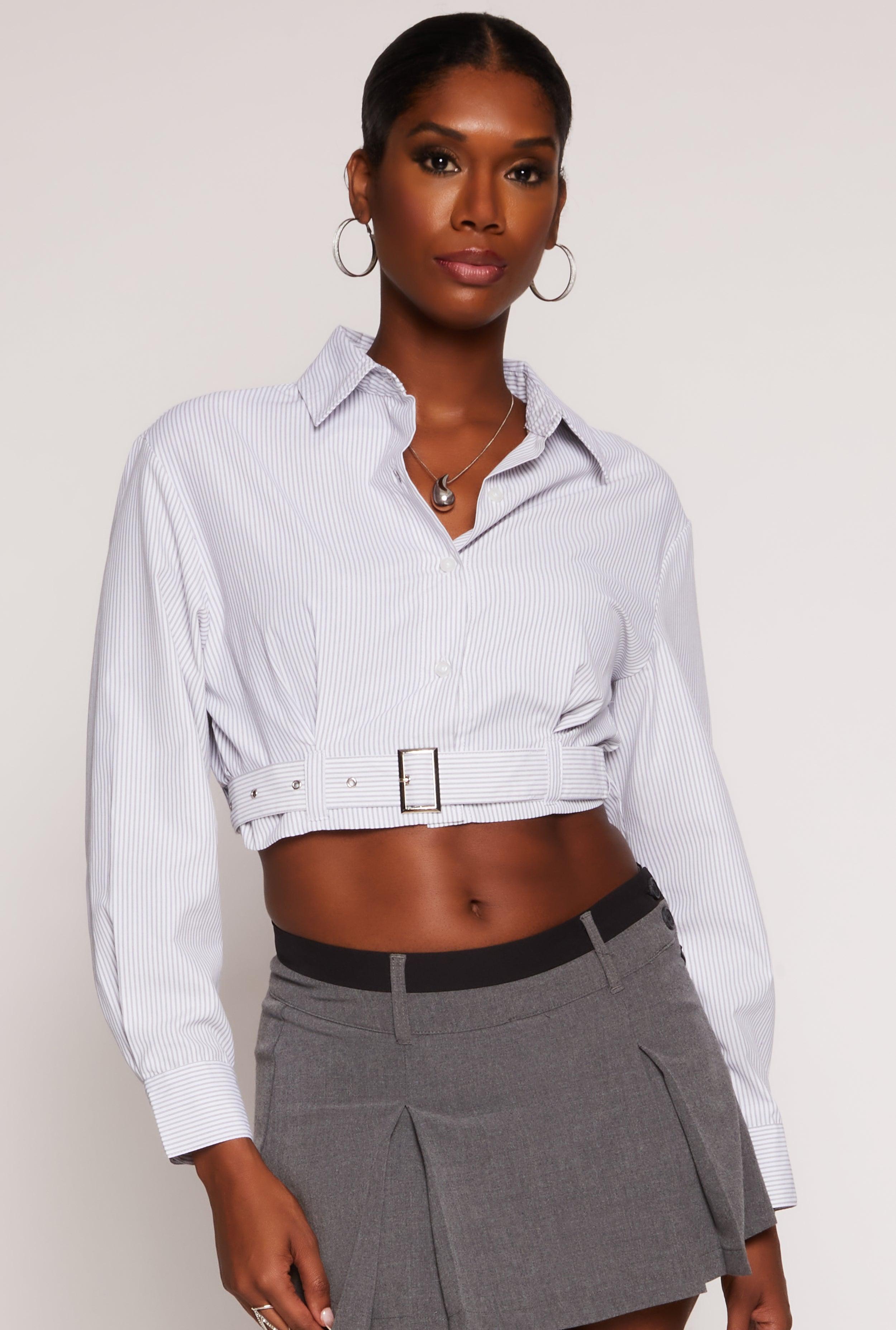 Womens Striped Belted Button Front Shirt Product Image