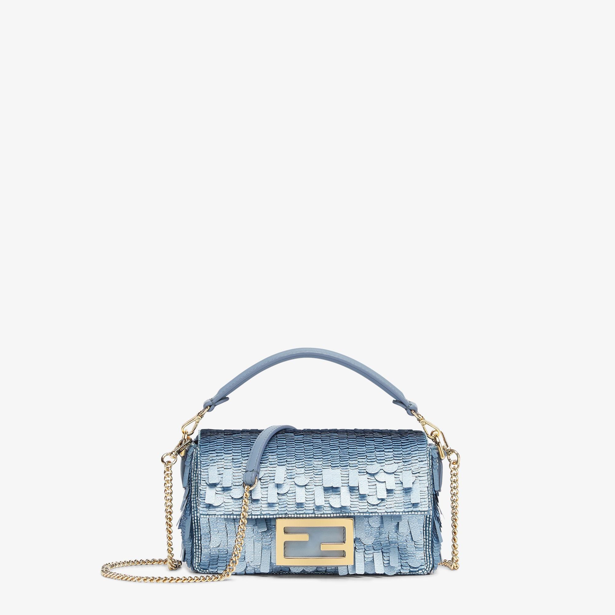 Baguette MiniBag embroidered with denim-effect light blue sequins Product Image