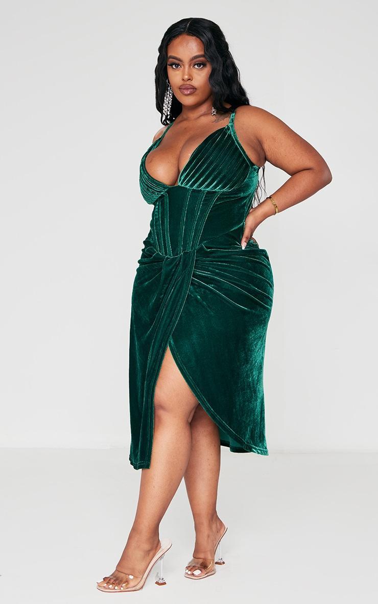 Plus Emerald Green Velvet Plunge Corset Bodycon Dress Product Image