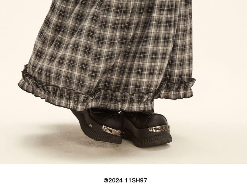 High Rise Ruffle Trim Plaid A-Line Maxi Skirt Product Image