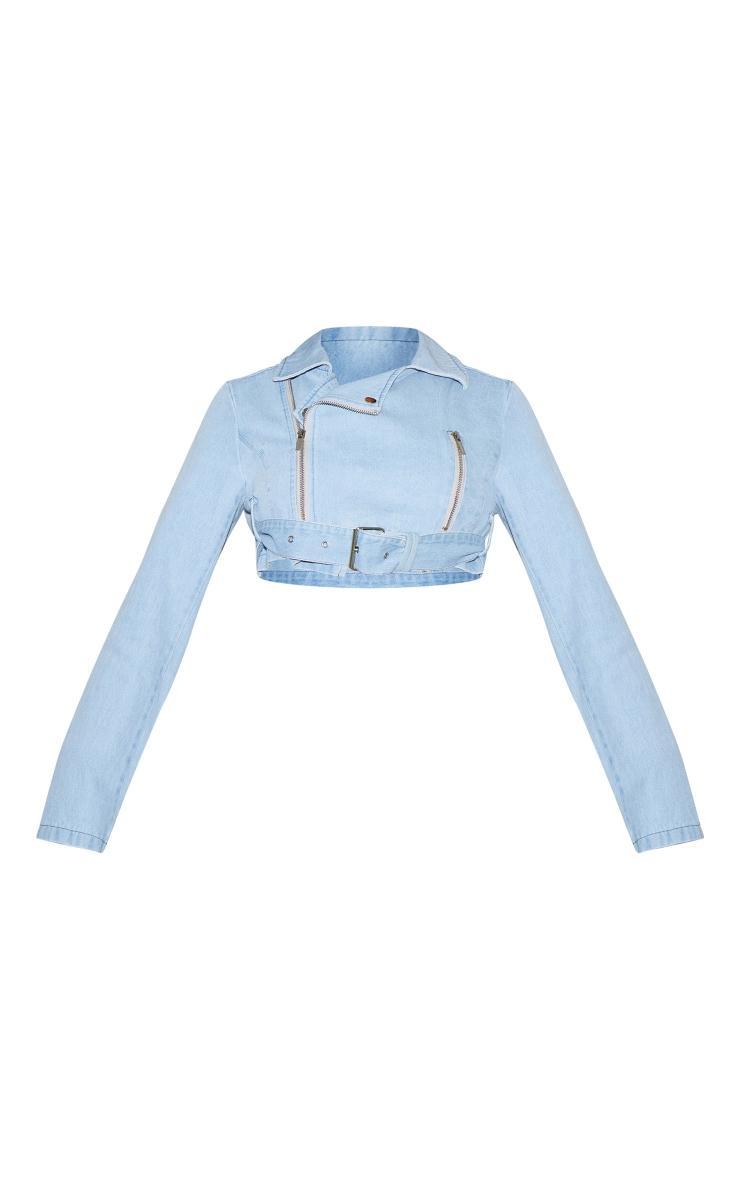 Light Blue Cropped Denim Biker Jacket Product Image