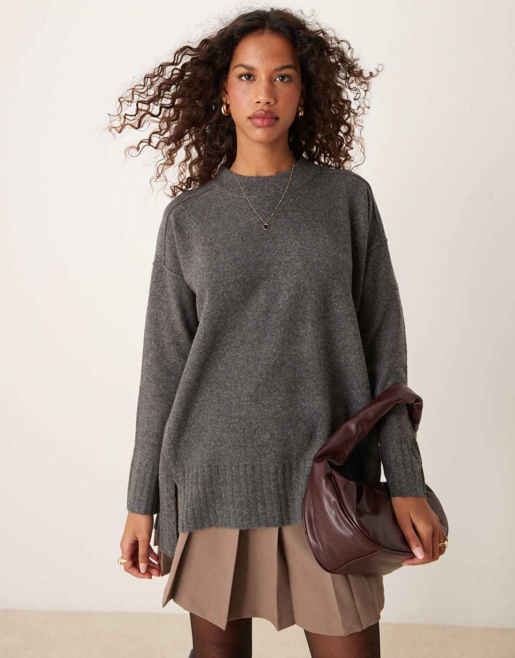 Free People oversized round neck sweater in dark gray Product Image