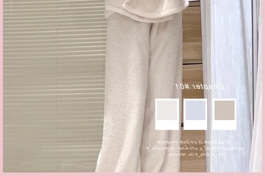 Pajama Set: Long Sleeve V-Neck Plain Ruffle Coral Fleece Wrap Top + Straight Leg Pants Product Image