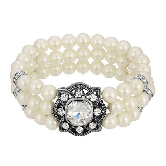 1928 Silver-Tone Three Row Pearl & Crystal Stretch Bracelet, Womens, White Product Image