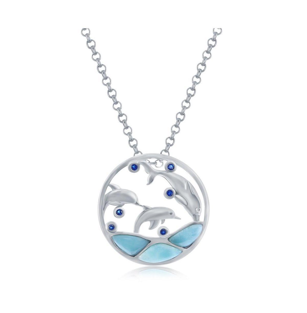 Simona Sterling Silver Larimar & Cz Divign Dolphins Round Pendant, 18 Product Image