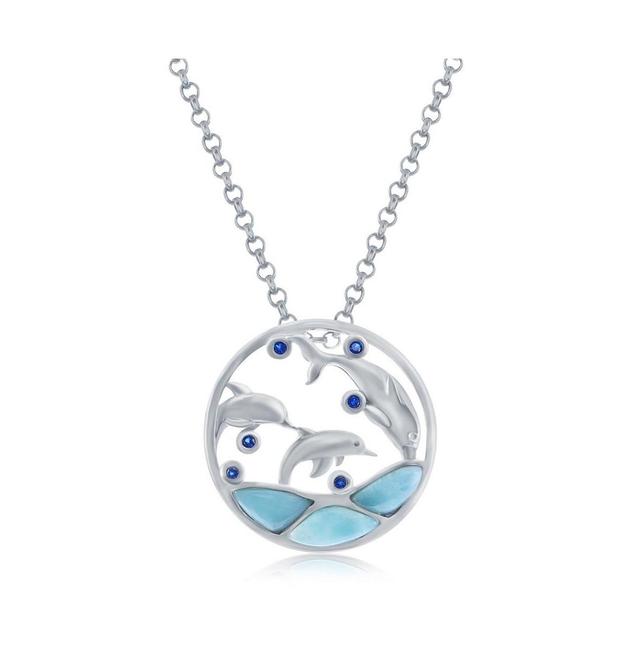 Sterling Silver Larimar & Cz Diving Dolphins Round Necklace Product Image