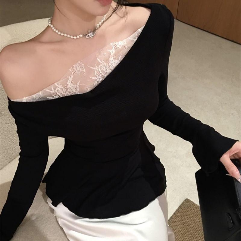 Long-Sleeve Off-Shoulder Lace Panel Ruffle Hem Slim Fit Top Product Image