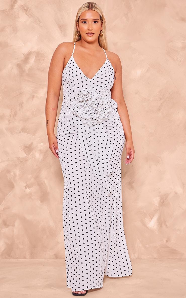 Plus White Polka Dot Satin Rose Detail Maxi Dress Product Image