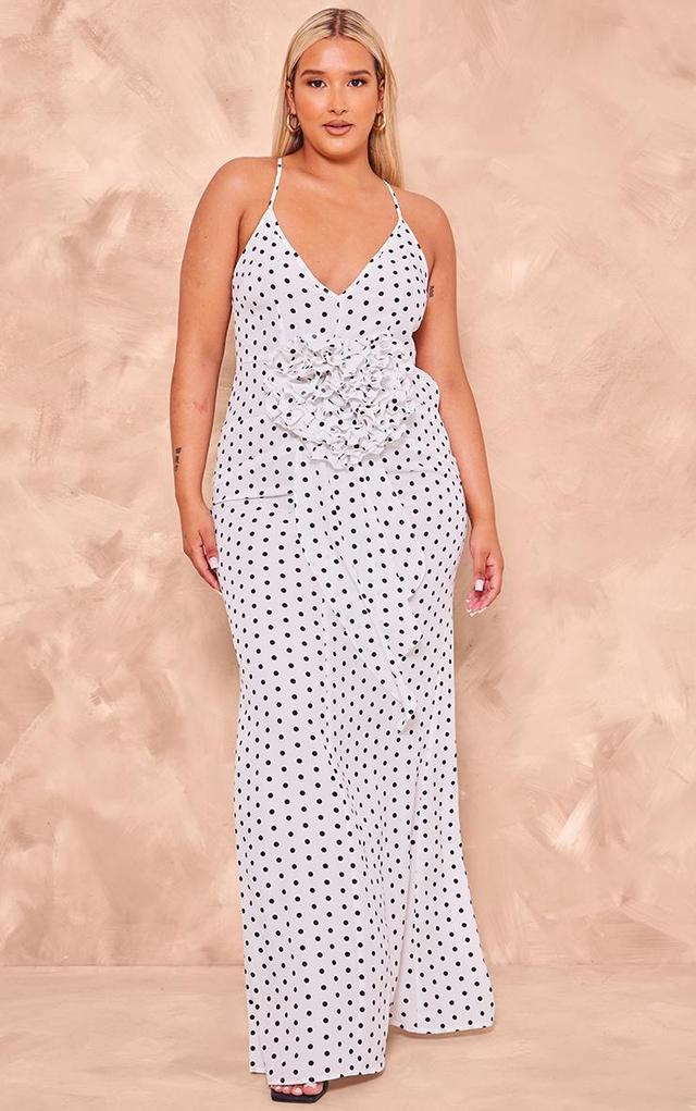 Plus White Polka Dot Satin Rose Detail Maxi Dress Product Image