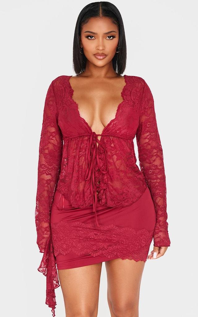  Shape Red Lace Tie Split Front Long Sleeve Top Product Image