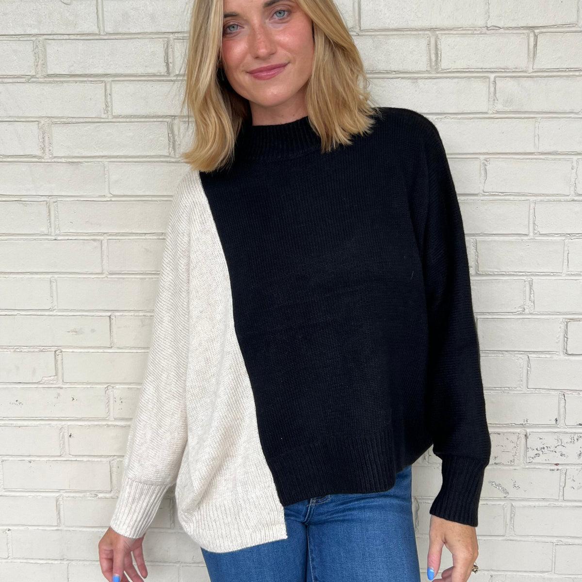 This or That Color Block Sweater - Oatmeal/Black Product Image