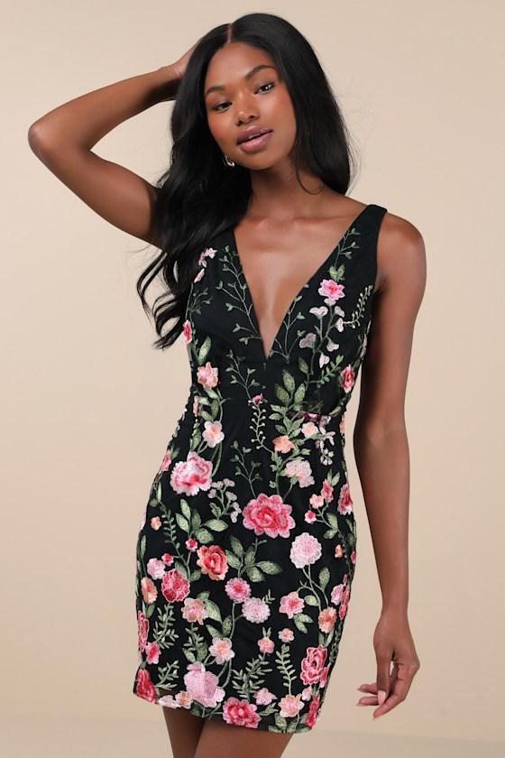 Soiree Blossom Black Floral Embroidered Bodycon Mini Dress Product Image