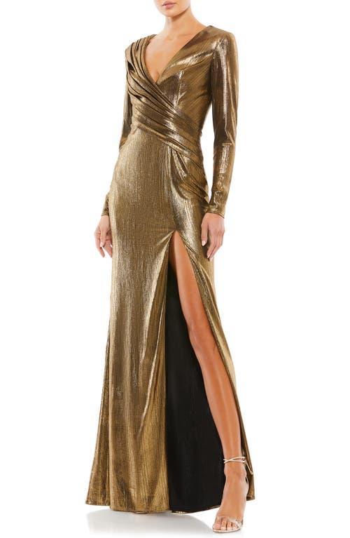 Womens Metallic Long-Sleeve Asymmetrical Ruched Gown Product Image