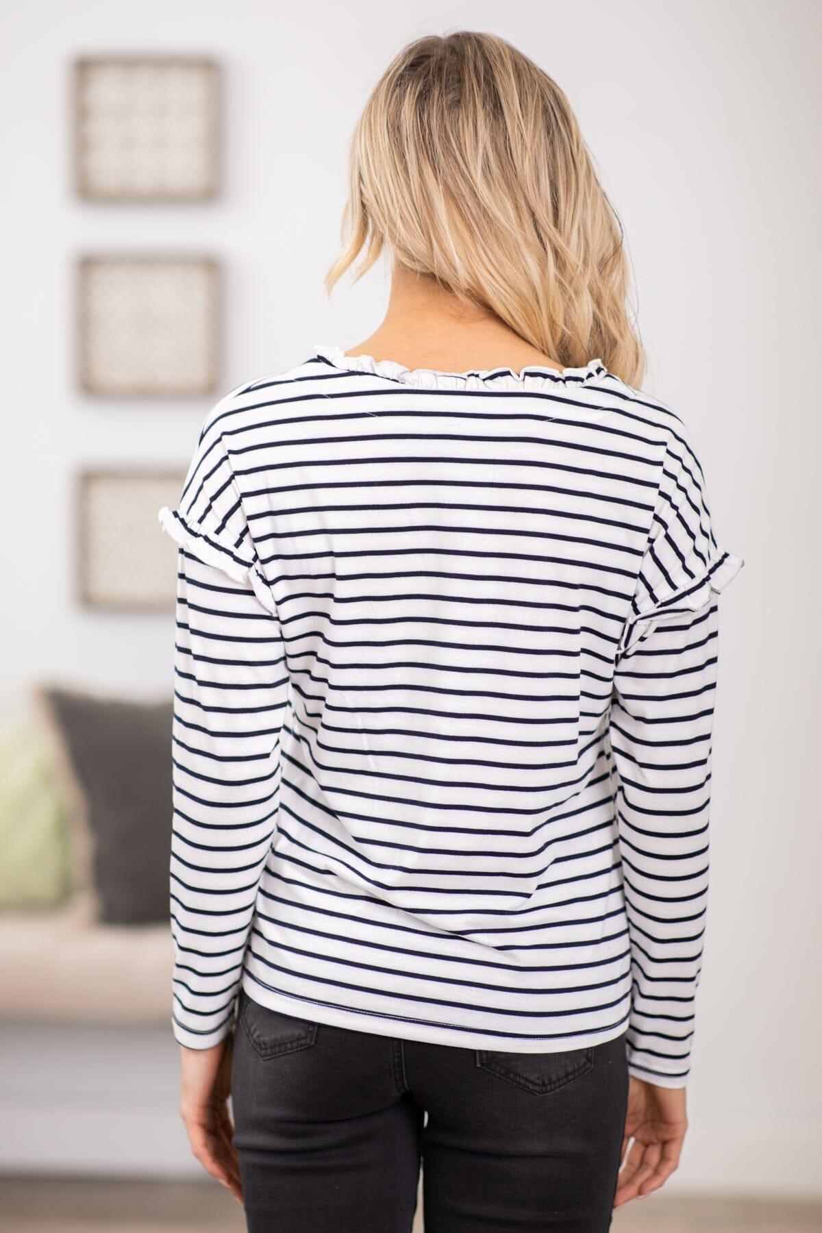 White and Navy Stripe top With Ruffle Detail Product Image