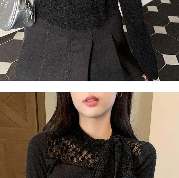 Long-Sleeve Stand Collar Lace Panel Bow Ruched Slim Fit Top Product Image