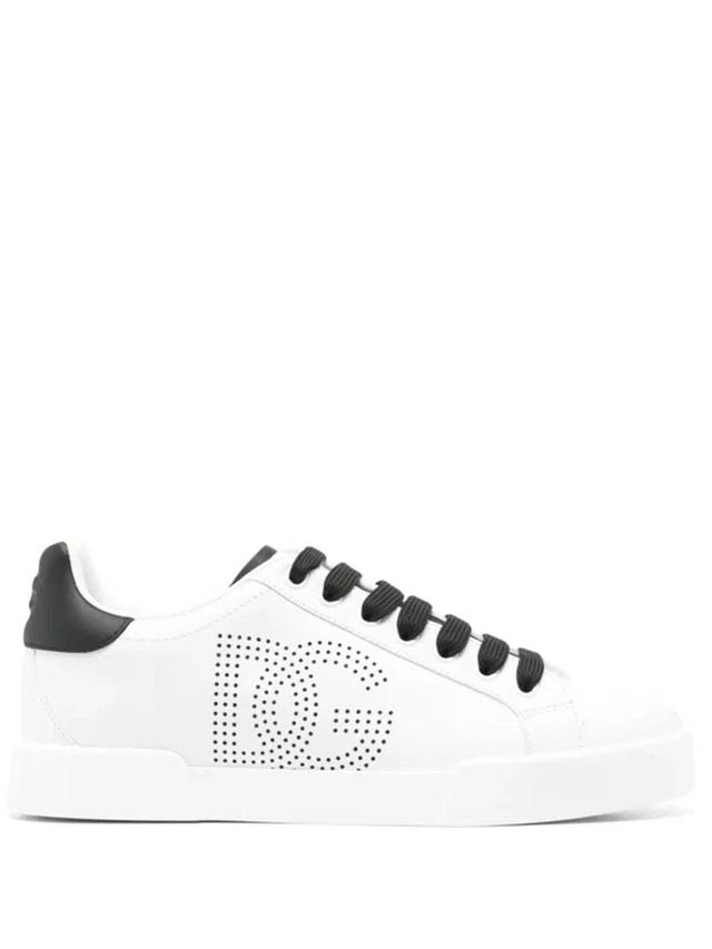 DOLCE & GABBANA Portofino Perforated-logo Leather Sneakers In White,black Product Image