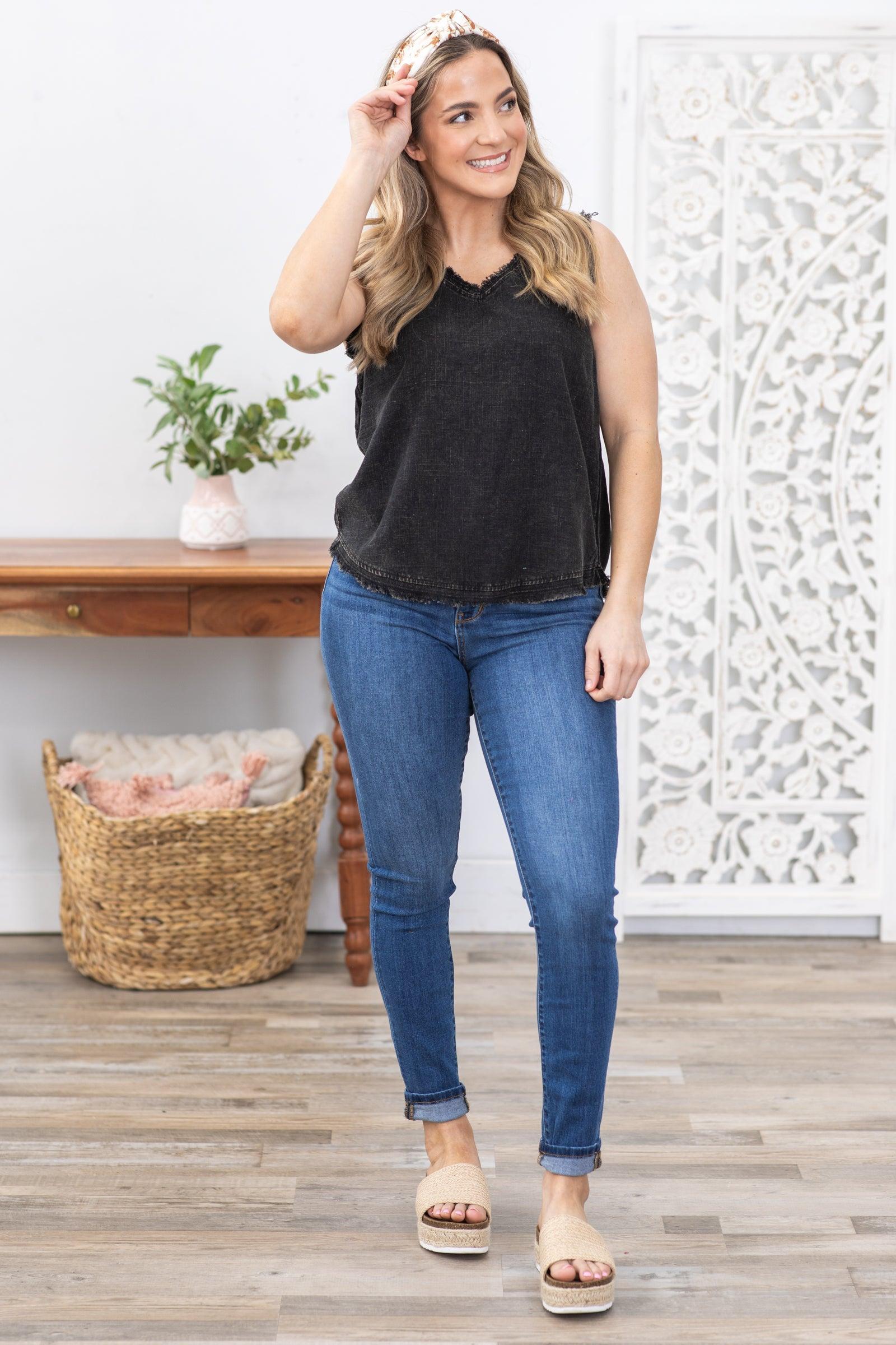 Black Washed Linen Frayed V-Neck Top Product Image