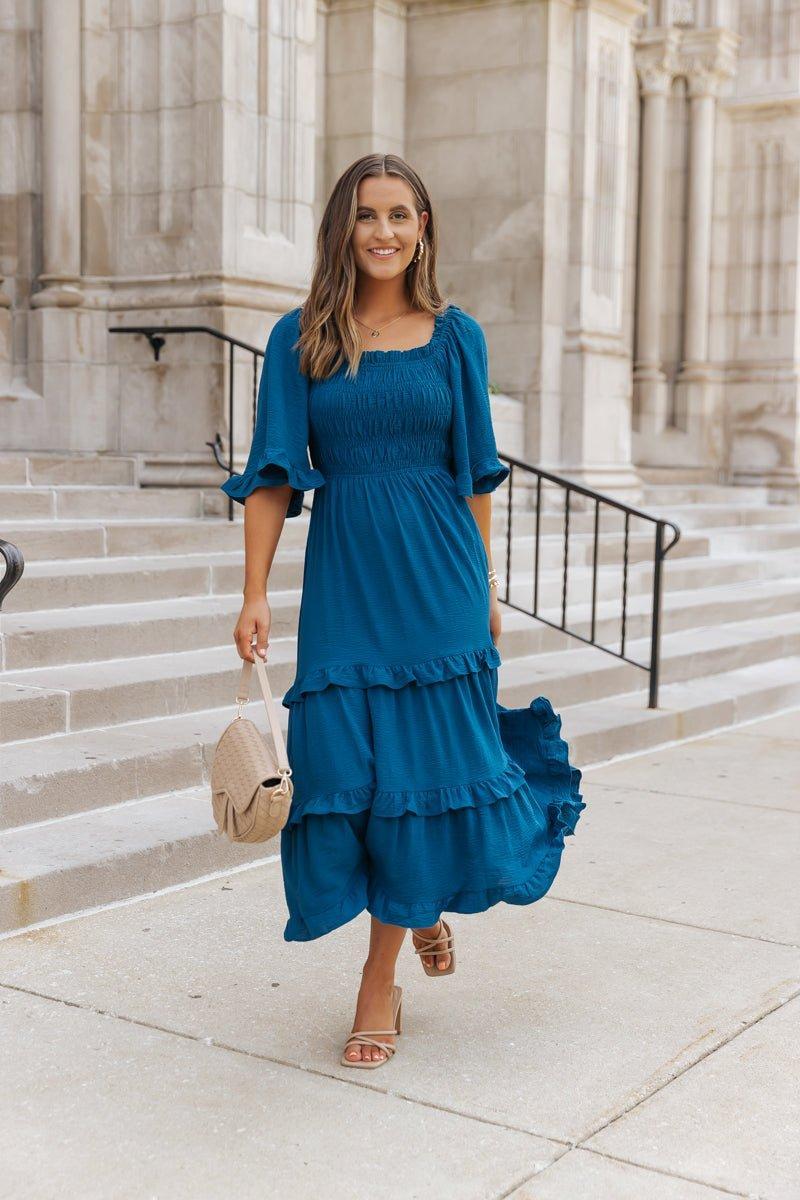 Blue Off The Shoulder Tiered Midi Dress - FINAL SALE Product Image