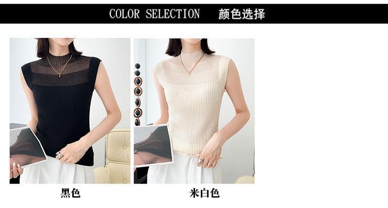 Cap-Sleeve Mock Neck Sheer Plain Knit Top Product Image