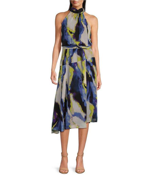 DKNY by Donna Karan Printed Chiffon Halter Neck Sleeveless A-Line Midi Dress Product Image