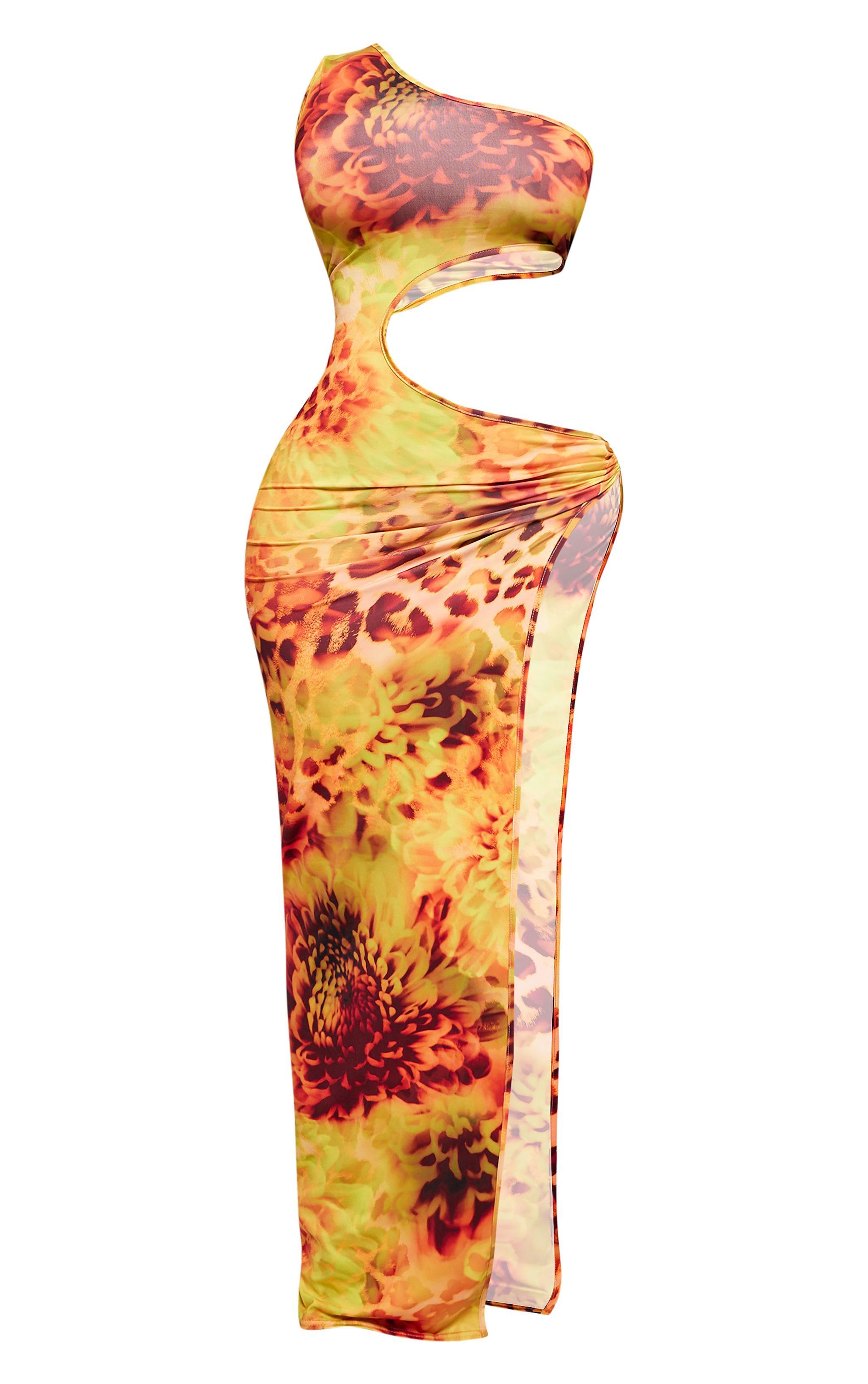 Shape Orange Animal Printed Slinky Cut Out Ring Detail Maxi Dress Product Image