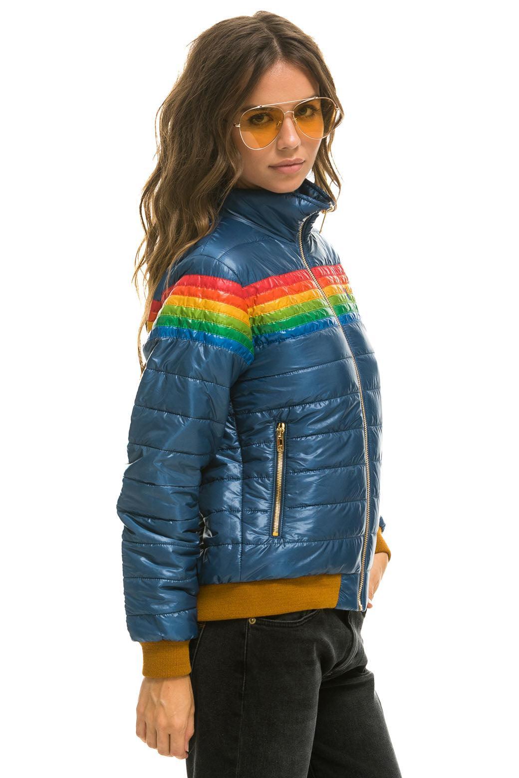 6 STRIPE RAINBOW SLEEVE JACKET -  GLOSSY DEEP BLUE Female Product Image