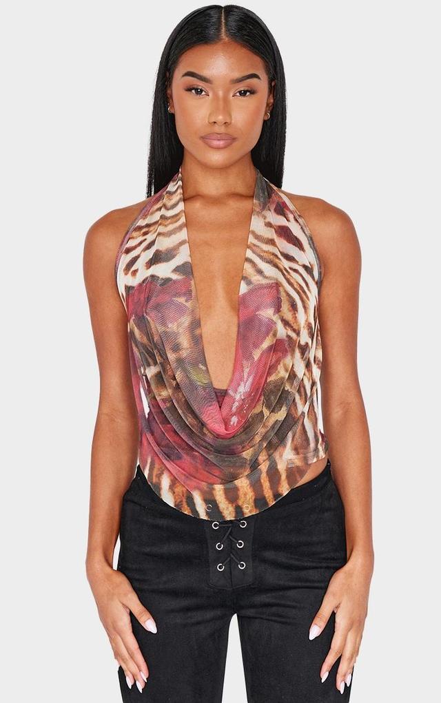 Multi Animal Print Mesh Printed Halter Neck Top Product Image